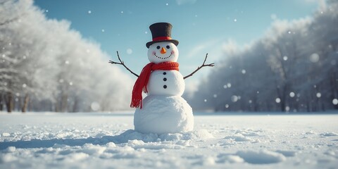 Obraz premium Frost-covered snowman in a snowy landscape, illustrating winter weather and seasonal outdoor activity, winter season