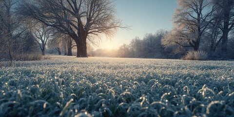 Frost-covered grass and leafless trees during winter snowfall, winter climate preservation