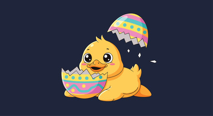 Adorable yellow duckling hatching from a colorful striped Easter egg, sitting on a dark blue background with small stars.