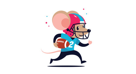Fototapeta premium Energetic mouse mascot dressed in a blue football uniform and red helmet, running with an american football and smiling.
