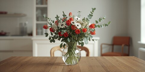 Bouquet of red tulips, white anemone flowers, and eucalyptus branches on a wooden surface, emphasizing seasonal floral display in a contemporary interior, World Flower Day