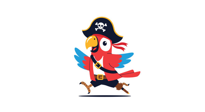 Colorful parrot pirate mascot wearing a pirate hat with a skull and crossbones, running happily on a white background.