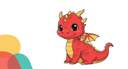Adorable little red dragon sitting peacefully and smiling with small yellow wings and horns in a cute and friendly fantasy art style.