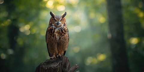 Great Horned Owl resting on a tree log, suitable for wildlife habitat studies or nature photography