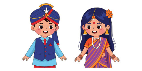 Cartoon Indian boy and girl in traditional festive attire on white background child children