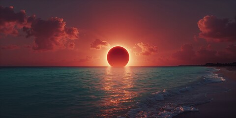 Morning solar eclipse over ocean scene, highlighting astronomical phenomena and natural lighting effects