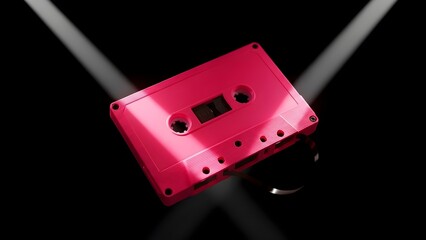 Bright pink cassette tape illuminated by spotlights on a dark background