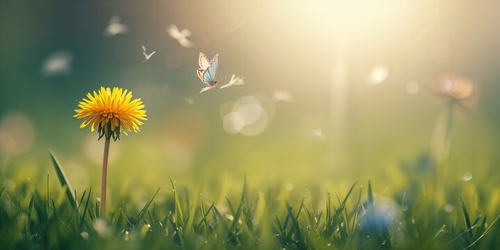 Fototapeta Springtime scene of a yellow dandelion flower in a lush meadow with butterfly, floral backdrop for natural theme