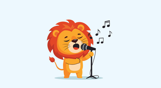 Talented lion character singing into a microphone on a stand with floating musical notes in a cute cartoon style on stage.