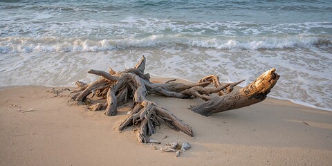 Obraz premium Wooden roots on the beach after high tide, natural erosion effect for shoreline preservation