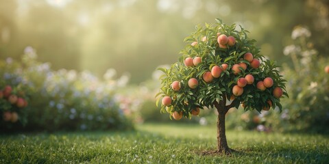 Miniature dwarf peach tree bearing tiny red peaches, highlighting fruit development and horticultural scale
