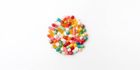 Pills arranged on a white background for pharmaceutical safety analysis, storage and handling
