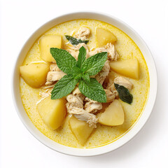 Golden Curry Delight: A culinary masterpiece unfolds in this exquisite overhead shot, featuring a creamy, golden curry, generously ladled into a pristine bowl.