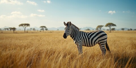 Obraz premium Zebra on the open plains with bright sunlight, highlighting biodiversity and habitat preservation