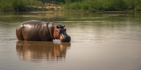 Wild hippopotamus in a river setting under natural light, highlighting aquatic animal protection