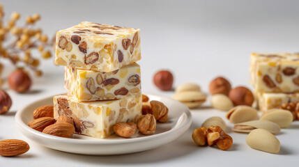 Sweet Stack: A tempting stack of handcrafted nougat blocks, studded with a variety of nuts, is presented on a small plate alongside a selection of individual nuts.