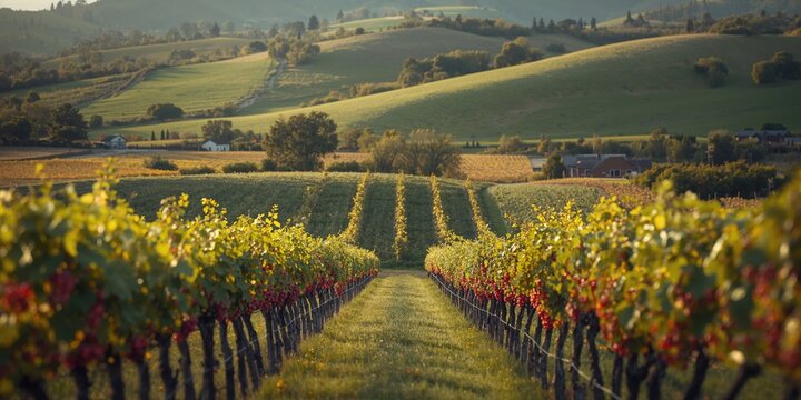 Grapevines and berry plants on a thriving farm in vibrant green landscape, highlighting sustainable farming practices, Earth Day