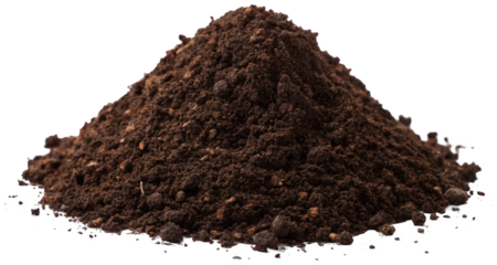 A realistic, dark brown, granular pile of garden soil with visible clumps and small stones, artfully arranged in a conical shape, illuminated by diffused, isolated on transparent background.