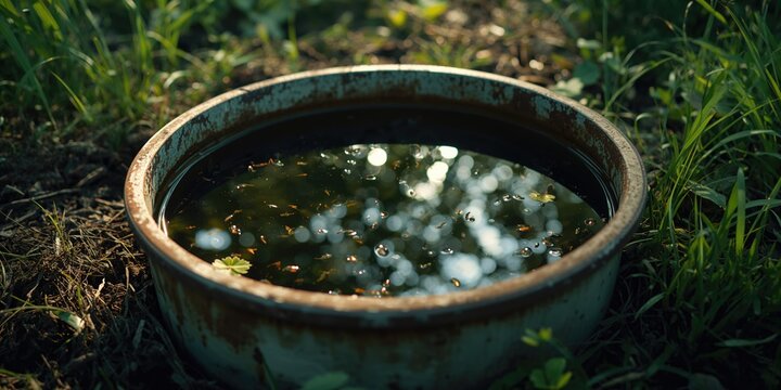 Old container filled with still water, serving as a breeding ground for mosquitoes that transmit dengue and filariasis, World Malaria Day