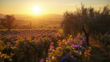 Obraz premium Vineyard scene at dusk featuring olive groves and blooming flora in Tuscany, Italy, highlighting agricultural preservation