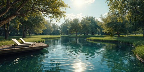 Water feature pond at spa with dock and chairs, focusing on leisure setting