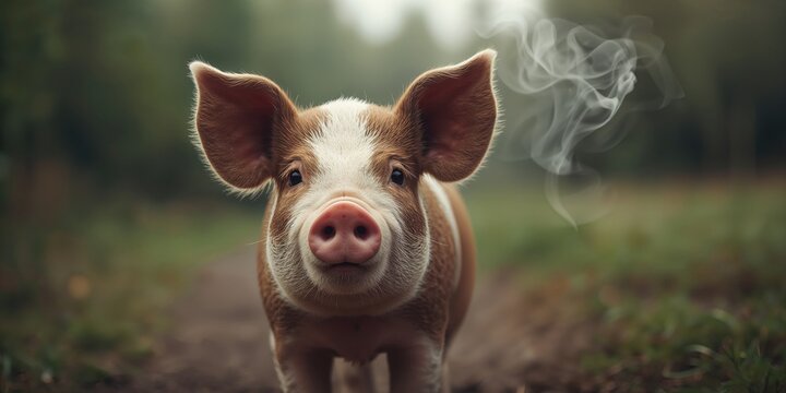 Portrait of a domestic pig with brown and white fur and a red face in tranquil natural surroundings, highlighting its endearing qualities, World Animal Day