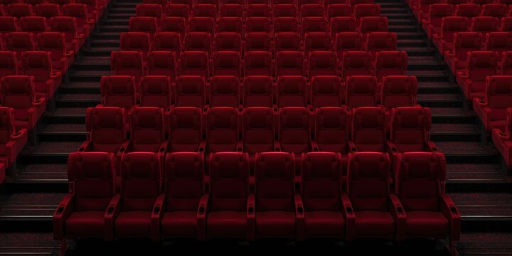 Empty red cinema seats seen from above, suitable for interior decor or event setup, World Cinema Day