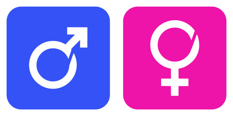 Stylized male and female gender symbols on colored square icons