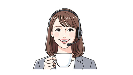 Woman with headset and coffee cup