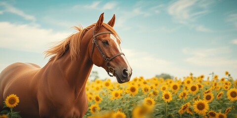Portrait of a red horse with bridle amidst sunflowers, focusing on animal restraint in natural settings