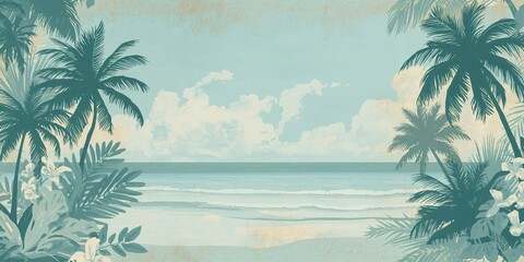 Tropical vintage seamless pattern with palm trees beach and sea landscape, ideal for background design
