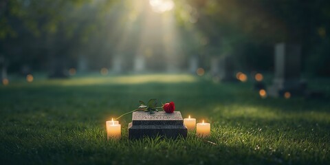 Pet cemetery scene featuring candles and a red rose on a dog's grave, honoring pet loss