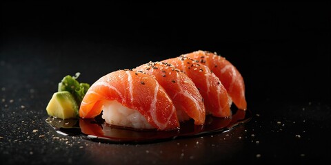 Sushi roll topped with gravlax salmon against a dark backdrop, highlighting seafood presentation for culinary display
