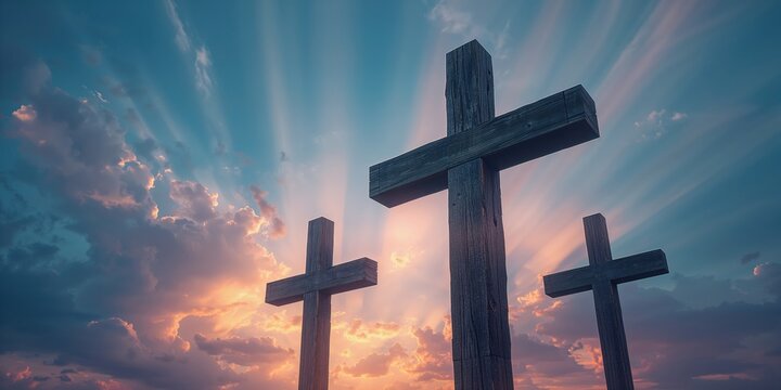 Wooden crosses set against a vibrant sunset sky with rays of light shining through clouds, highlighting religious imagery