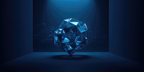 Abstract 3D geometric shapes in a dark blue setting, used for digital interface backgrounds