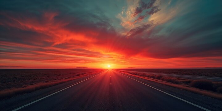 A lone vehicle travels along an empty road during sunset, highlighting journey and tranquility