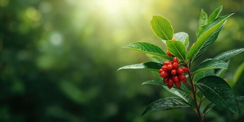 Shrubby simpoh and dillenia suffruticosa with water droplets, lush garden greenery as a natural beauty and health feature, Earth Day