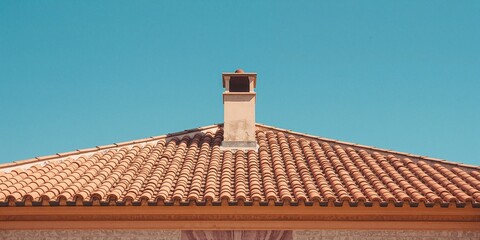 Classic Mediterranean house with a chimney above a tiled roof, suitable for architectural preservation
