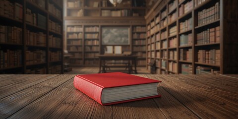 Open red hardcover book on wooden surface with shadow, ideal for library or learning environment backgrounds