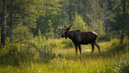 Summer scene with a moose in natural grassland and forest, highlighting habitat conservation efforts