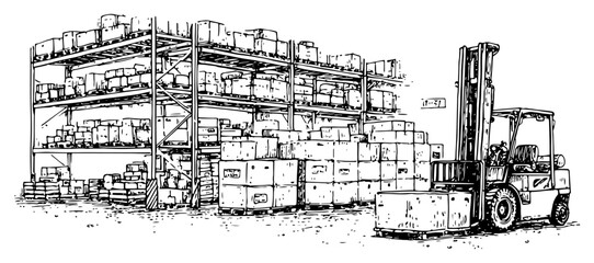 Obraz premium Sketch of warehouse interior with tall shelves and forklift truck