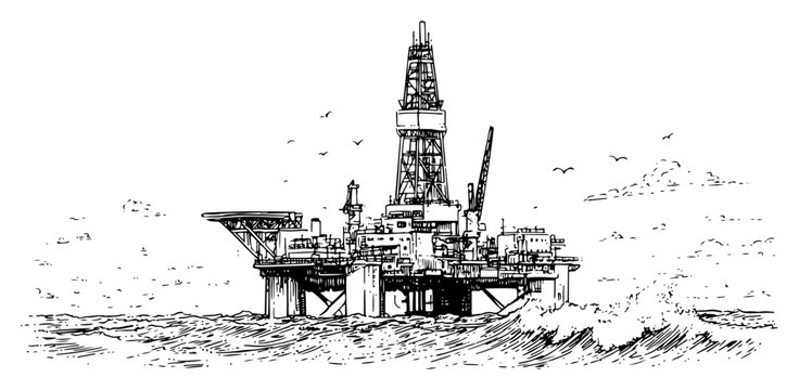 Hand drawn sketch of offshore oil rig platform in ocean