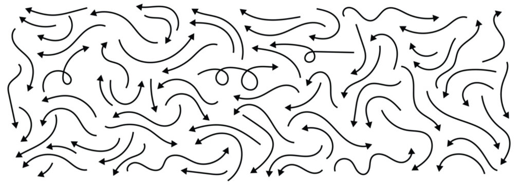 Set of simple thin line hand-drown curve doodle arrows in various style. Isolated on white background.