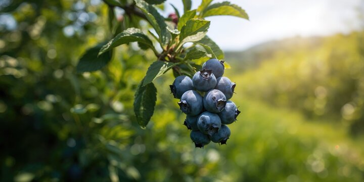 Ripe blueberry fruits on the plantation, seasonal harvest and crop productivity