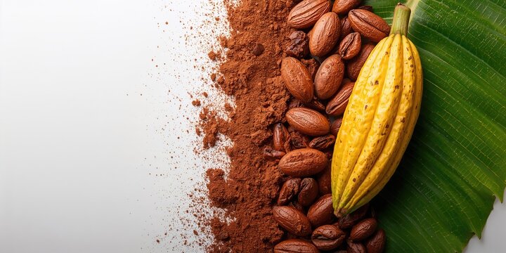 Cocoa beans and pods with powder on a white background, suitable for food safety and quality control layout