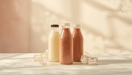 Chilled flavored milk in plastic containers with ice cubes, highlighting storage and serving techniques