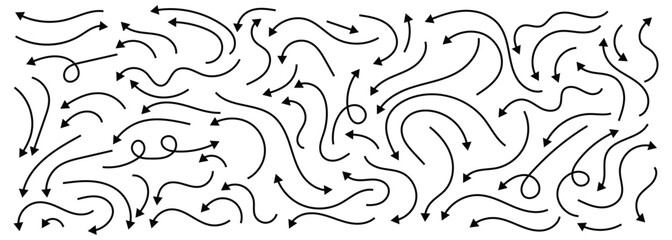 Set of simple thin line hand-drown curve doodle arrows in various style. Isolated on white background.