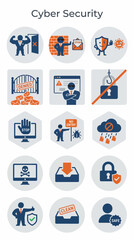 Fototapeta premium Pixelated Cyber Security Icon Pack Featuring Digital Threats and Protection Concepts in Blue and Orange with Gray Background