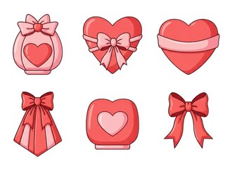 Cute Pink and Red Cartoon Hearts and Bows Collection, Sweet Vector Icons for Valentine's Day and Love Themes
