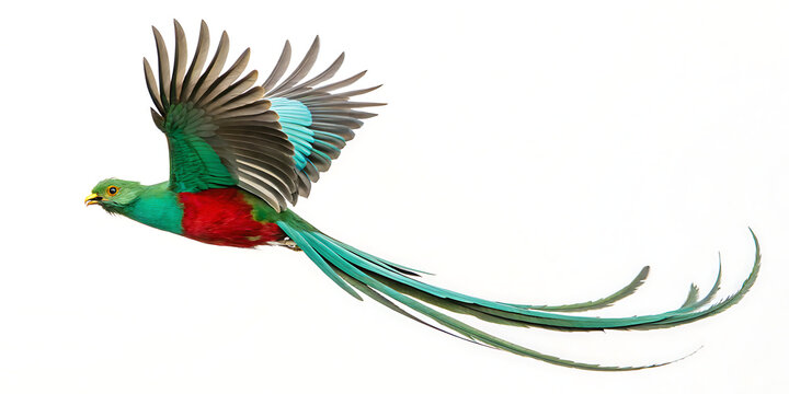 Resplendent quetzal flying with long tail isolated on white background